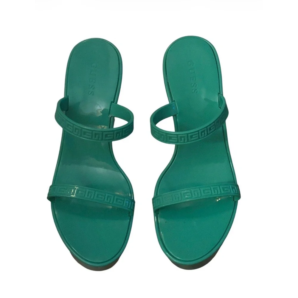 GUESS Edvina Green Jelly Platform Wedge Sandals Logo Strap Slides Womens Size 9